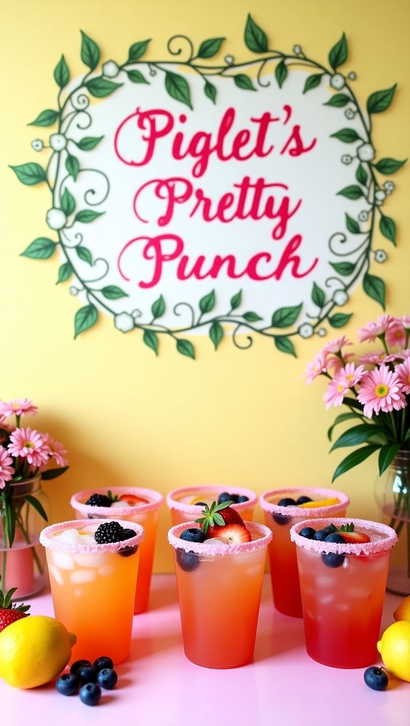 Bright setup featuring cups of fruity pink punch garnished with berries, under a sign that reads “Piglet’s Pretty Punch,” surrounded by daisies. A refreshing and on-theme drink station for a pink Winnie the Pooh baby shower.