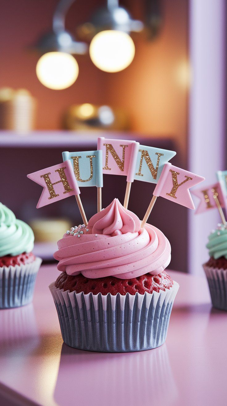 Close-up of a pink cupcake with light pink frosting, topped with tiny flags that spell out "HUNNY" in glittery gold letters. A sweet and playful dessert for a pink Winnie the Pooh baby shower dessert table.