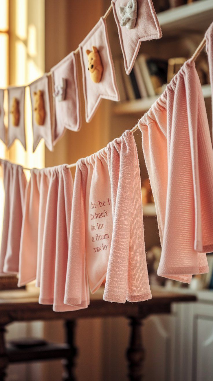 DIY baby shower garland made of soft pink fabric and bunting flags, each adorned with Winnie the Pooh-themed plush faces. A whimsical handmade decoration idea from the Pink Winnie the Pooh Baby Shower Ideas collection.