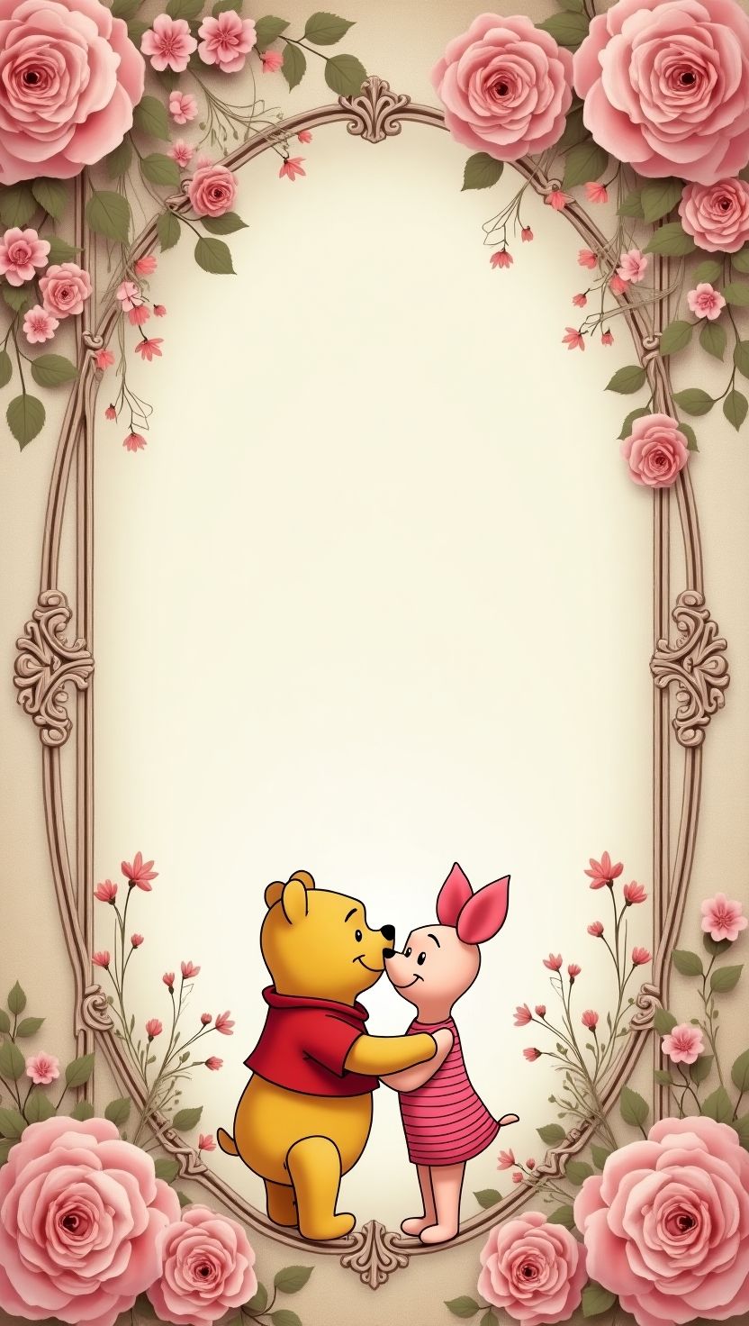 Romantic illustrated frame with pink roses surrounding Winnie the Pooh and Piglet holding hands, set against a blank vintage-style background — perfect for custom signs or invitations for a pink Winnie the Pooh baby shower.