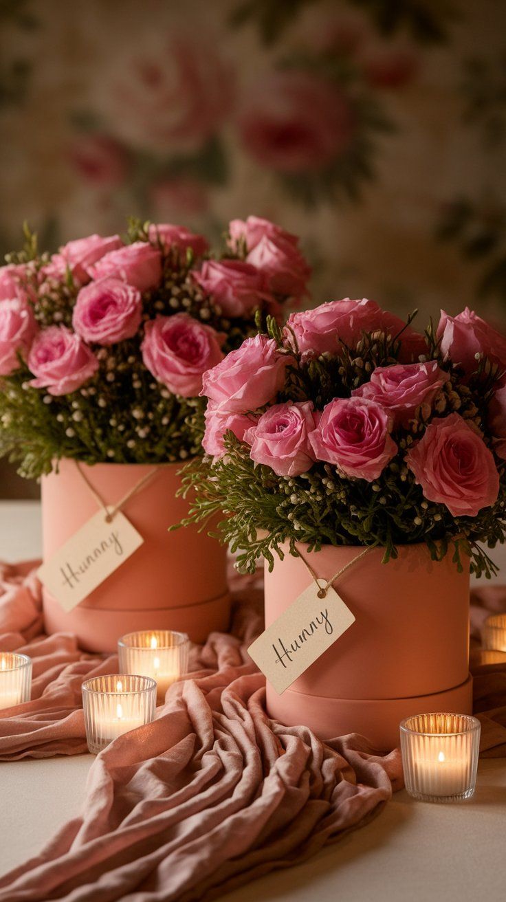 Table centerpiece featuring round blush boxes labeled “Hunny,” filled with pink roses and greenery, surrounded by glowing tea light candles and draped pink cloth. A sophisticated floral touch for a pink Winnie the Pooh baby shower.