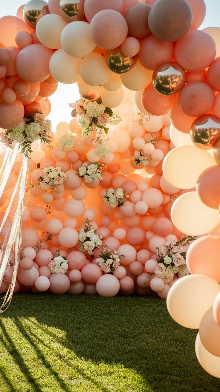 Balloon wall backdrop in blush, rose gold, and cream tones with clusters of white and pink florals, ideal for a photo booth or dessert display area at a pink Winnie the Pooh baby shower.