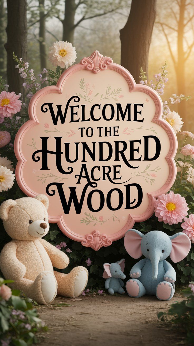 Welcome sign for the Hundred Acre Wood in a blush pink frame, surrounded by plush teddy bears and elephants, pastel flowers, and a woodland backdrop — a dreamy entrance for a pink Winnie the Pooh baby shower.