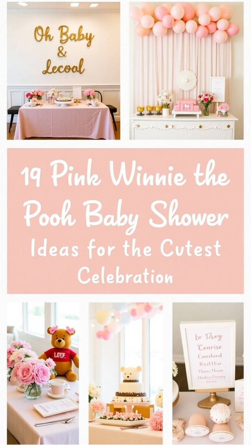 A pastel-themed collage showcasing pink Winnie the Pooh baby shower ideas. The top half features gold lettering that says “Oh Baby & Lecool,” pink balloon garlands, and elegant table setups with gold accents and fresh flowers. The lower section includes plush Winnie the Pooh bears with pink bows, a white and pink cake topped with bear ears, and floral table décor. Central text reads, “19 Pink Winnie the Pooh Baby Shower Ideas for the Cutest Celebration.”