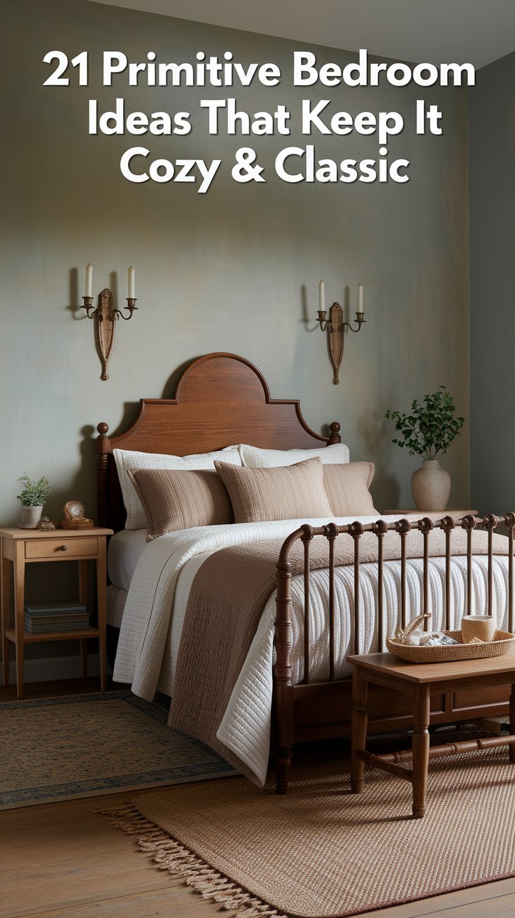 A serene primitive-style bedroom with a tall wooden headboard, beige and cream bedding, and a classic spindle footboard. Wall-mounted candle sconces, woven rugs, and simple wooden furniture enhance the cozy, timeless aesthetic. Overlaid text reads “21 Primitive Bedroom Ideas That Keep It Cozy & Classic.”