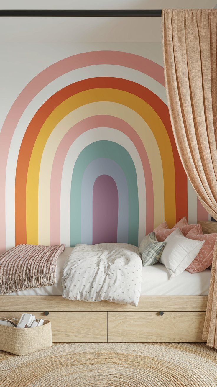 Pastel rainbow arch mural behind bed for whimsical kids’ bedroom backdrop