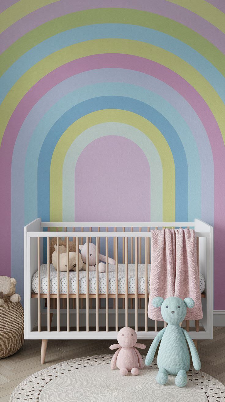 Ombre rainbow wallpaper adding dreamy color to kids’ bedroom feature wall