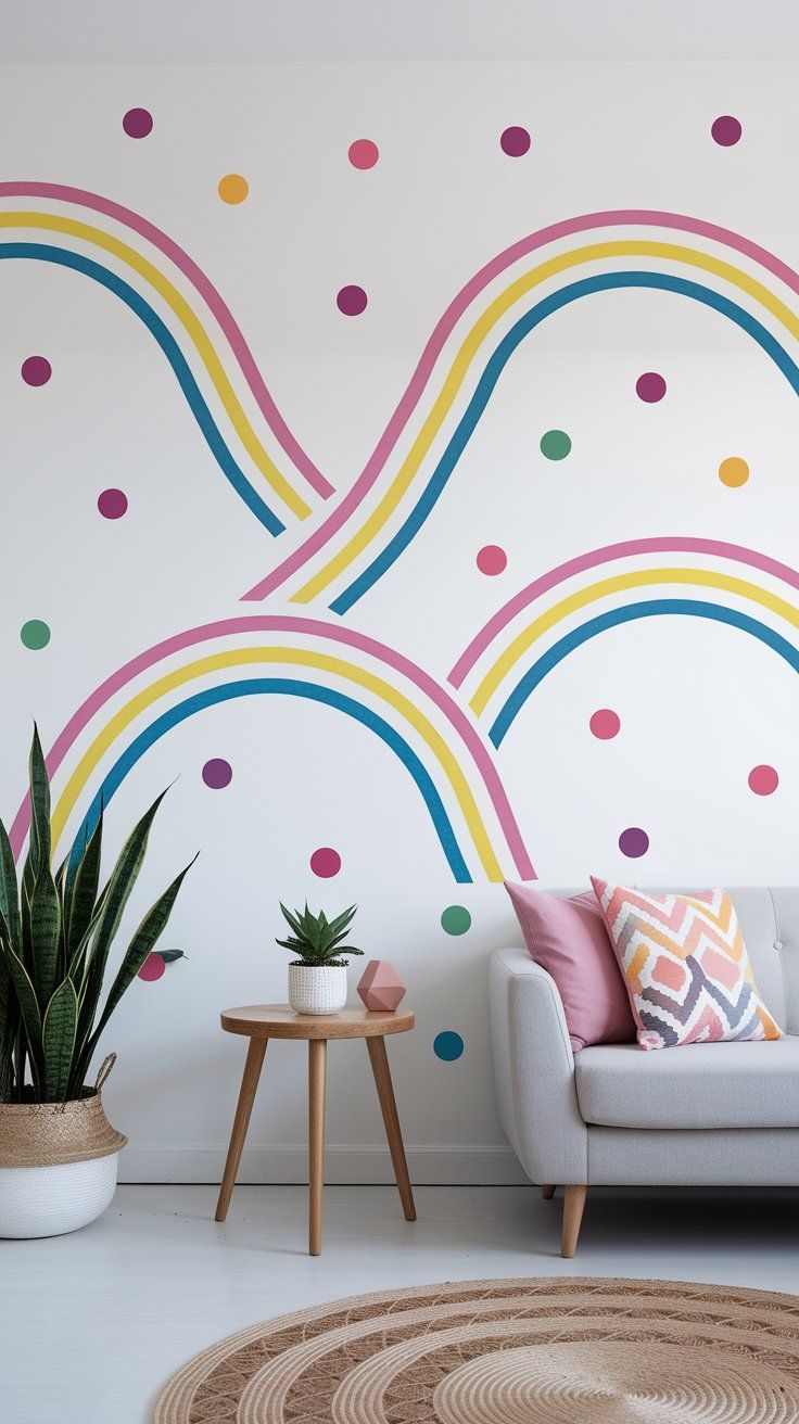 DIY rainbow wall decals arranged in playful pattern for colorful kids’ room