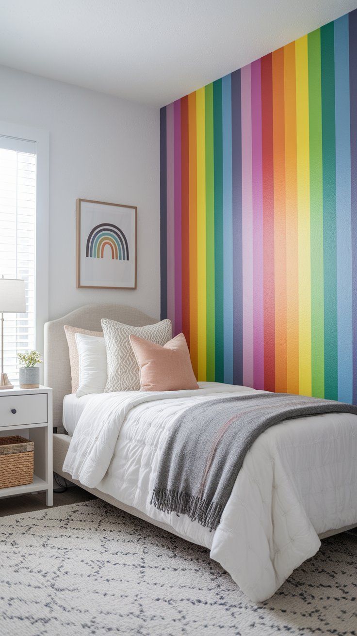 Bold rainbow stripe accent wall adding structure and color to kids’ bedroom