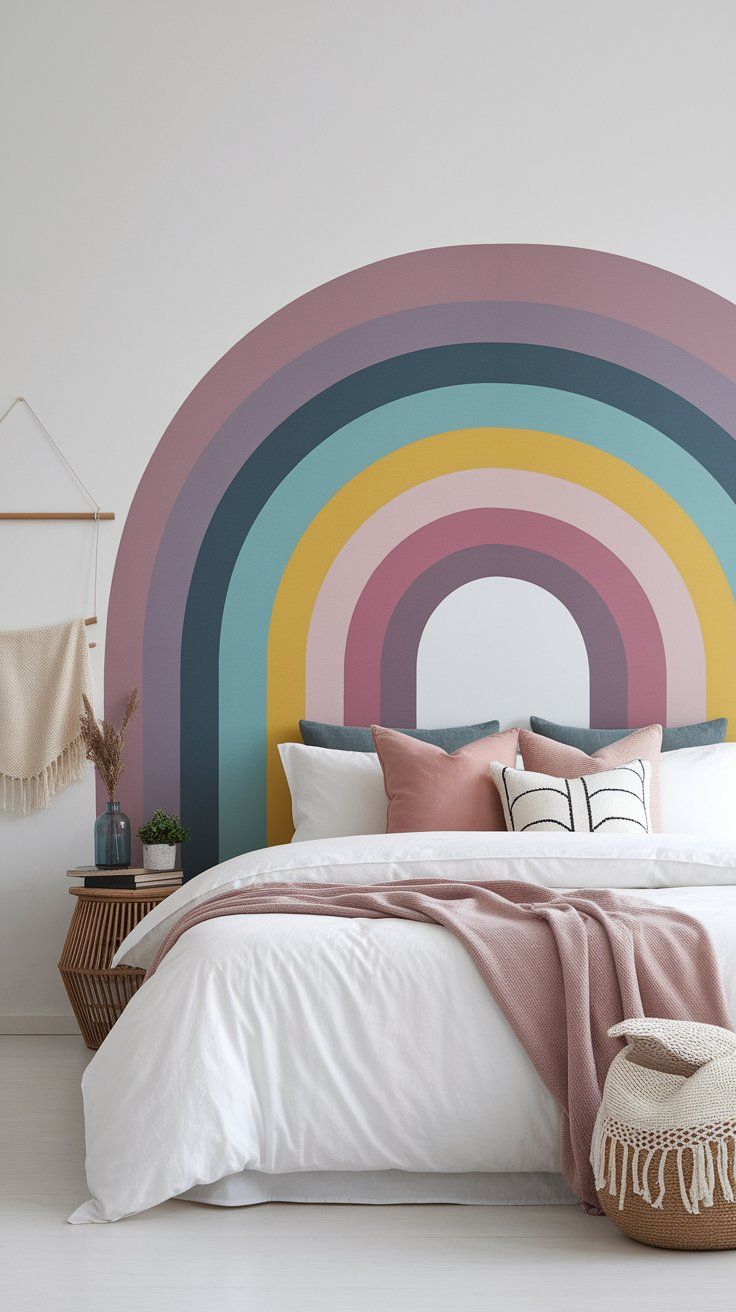 Painted rainbow headboard mural creating focal point in cozy kids’ bedroom