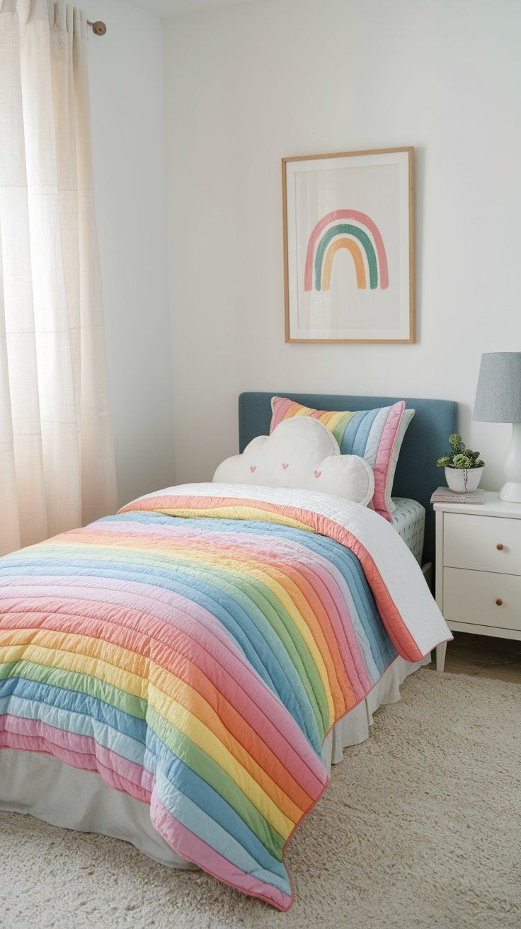 Quilted rainbow comforter adding warmth and color to kids’ bedding setup