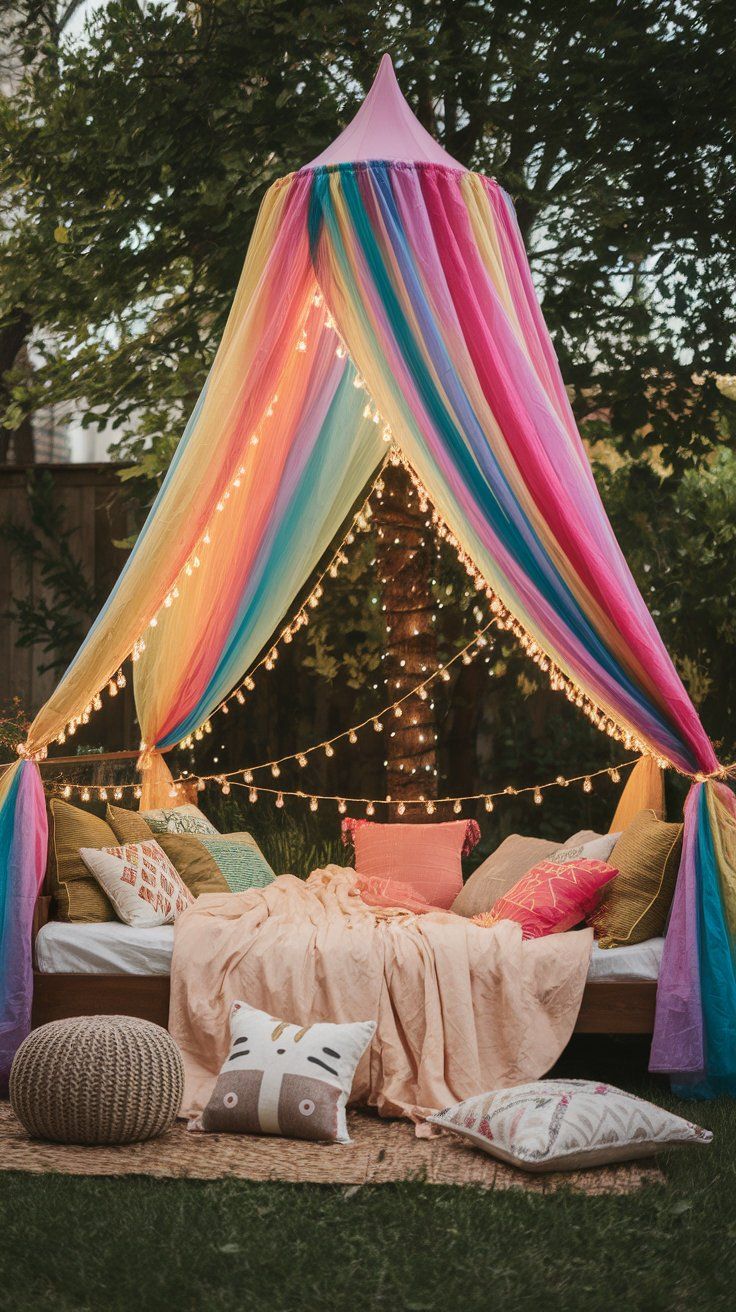 Rainbow canopy over bed creating dreamy and whimsical kids’ bedroom atmosphere