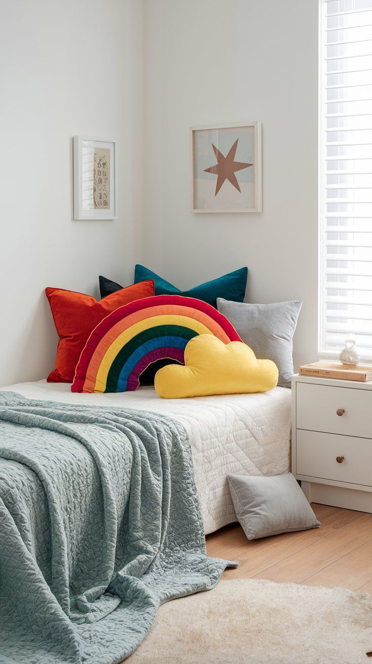 Rainbow throw pillows and floor cushions for cozy and colorful kids’ room decor
