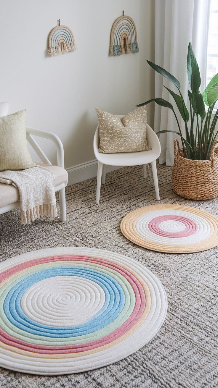 Layered rainbow rugs adding texture and color to kids’ bedroom floor