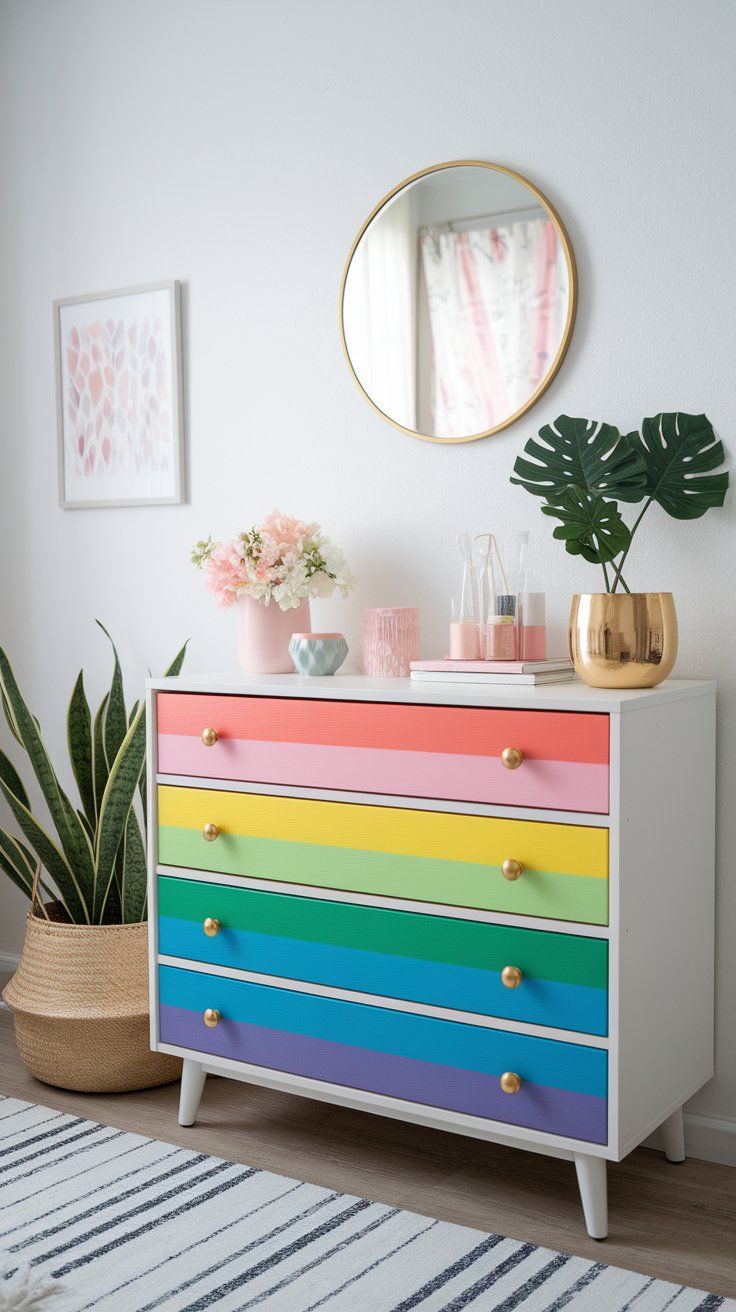 DIY rainbow-painted dresser transforming basic furniture in kids’ bedroom