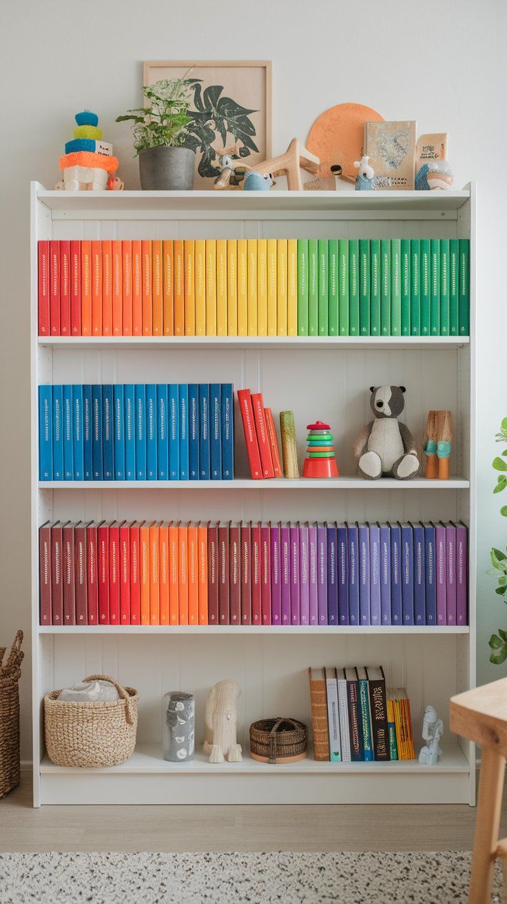 Color-coordinated rainbow bookshelf for organized and vibrant kids’ room