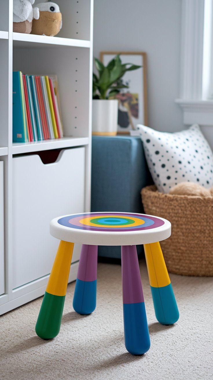 Painted rainbow stool adding playful seating to kids’ bedroom