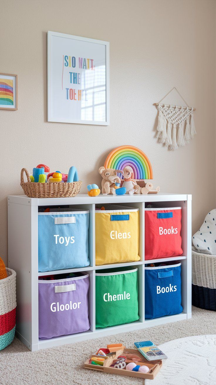 Rainbow storage bins organizing toys and supplies in cheerful kids’ bedroom