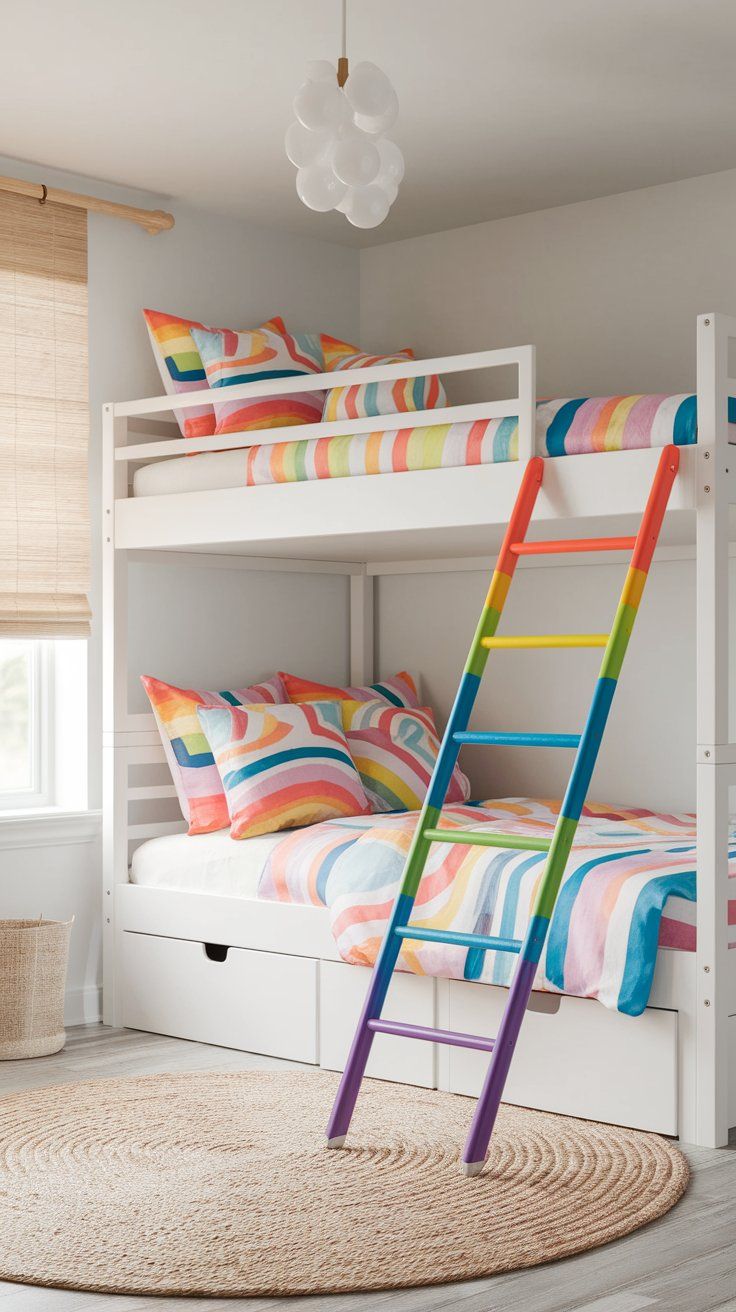 DIY rainbow bunk bed ladder adding custom flair to kids’ shared bedroom