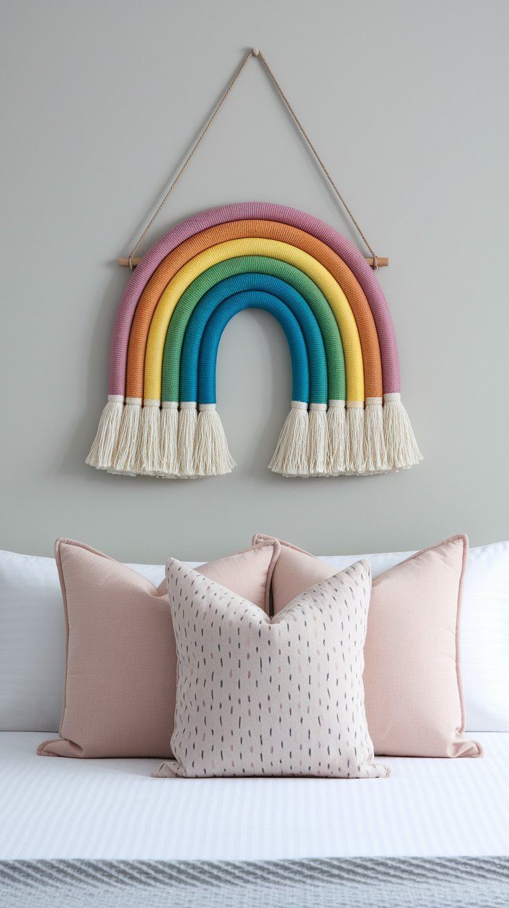DIY yarn rainbow wall hanging for soft and charming kids’ bedroom decor