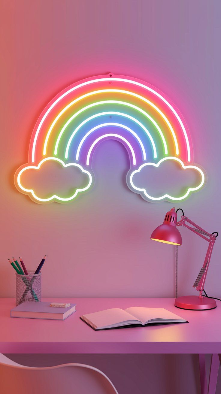 Neon rainbow light sign adding modern glow to kids’ bedroom wall