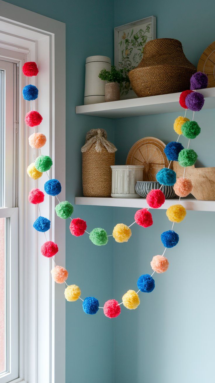Rainbow pom pom garland brightening up kids’ bedroom with soft color accents