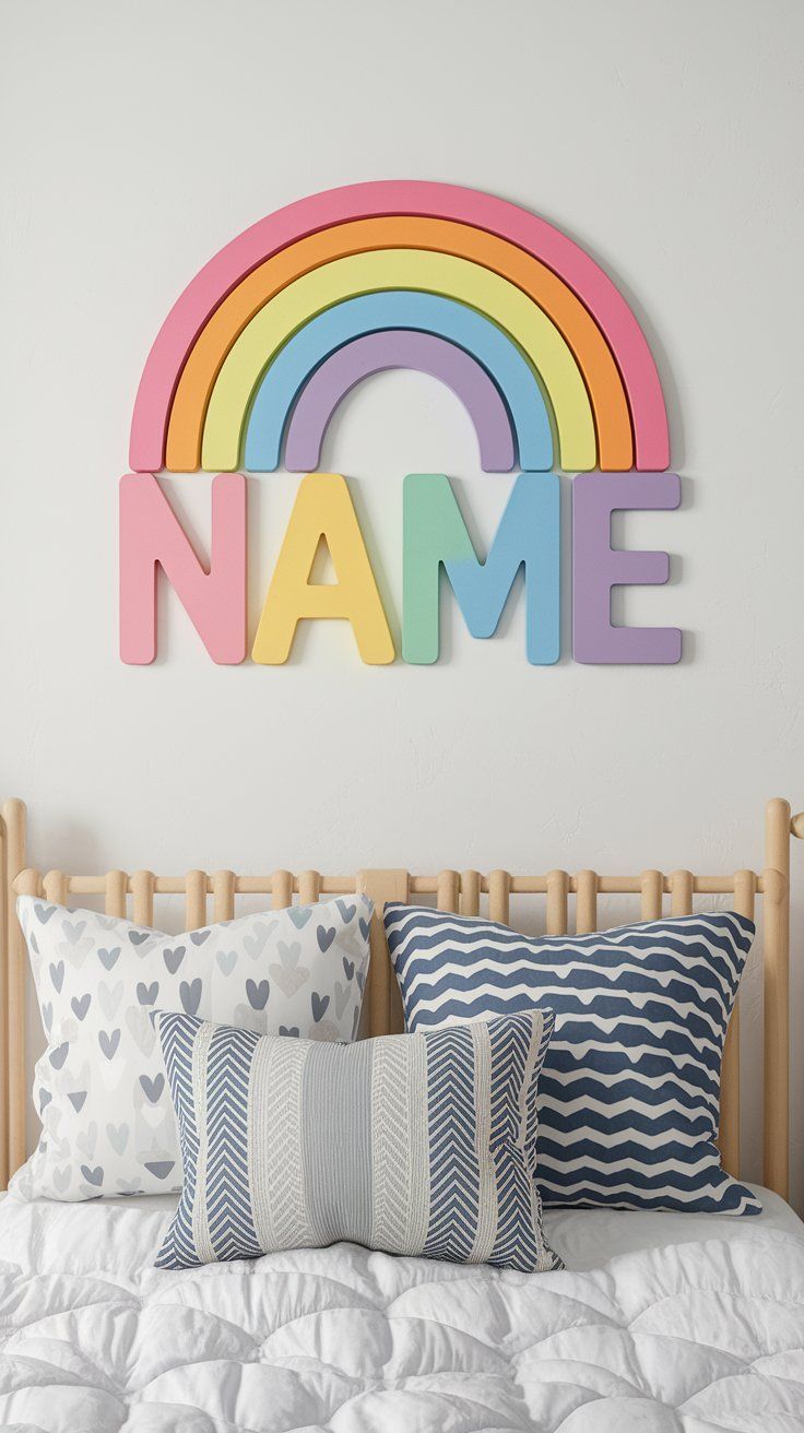 Painted rainbow name sign personalizing kids’ bedroom wall decor