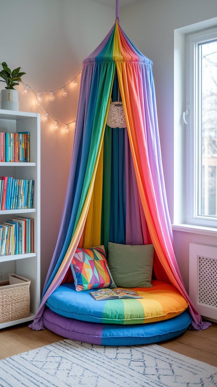 Rainbow reading nook creating cozy and imaginative space in kids’ bedroom