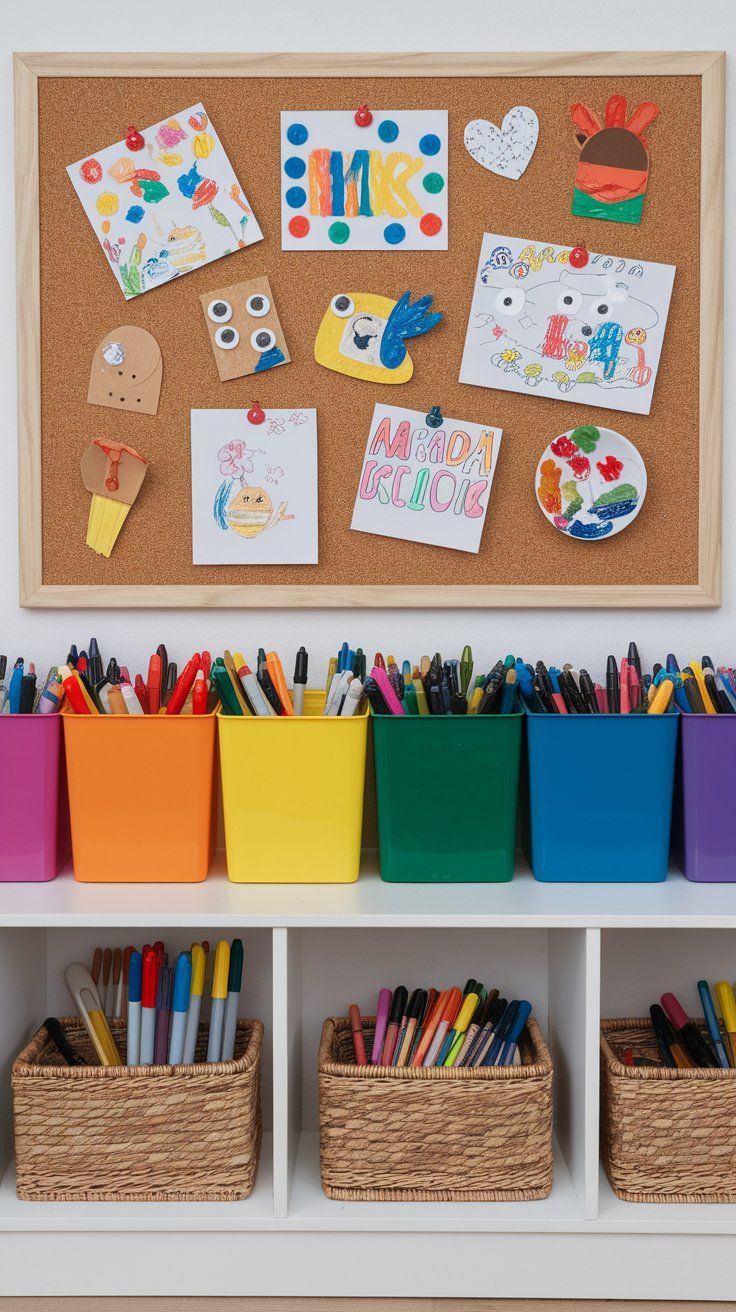 Art wall with rainbow supplies inspiring creativity in kids’ bedroom