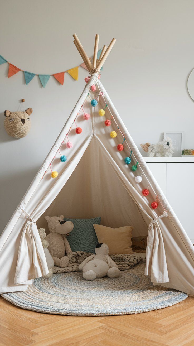 Mini rainbow play tent creating playful hideaway in kids’ bedroom