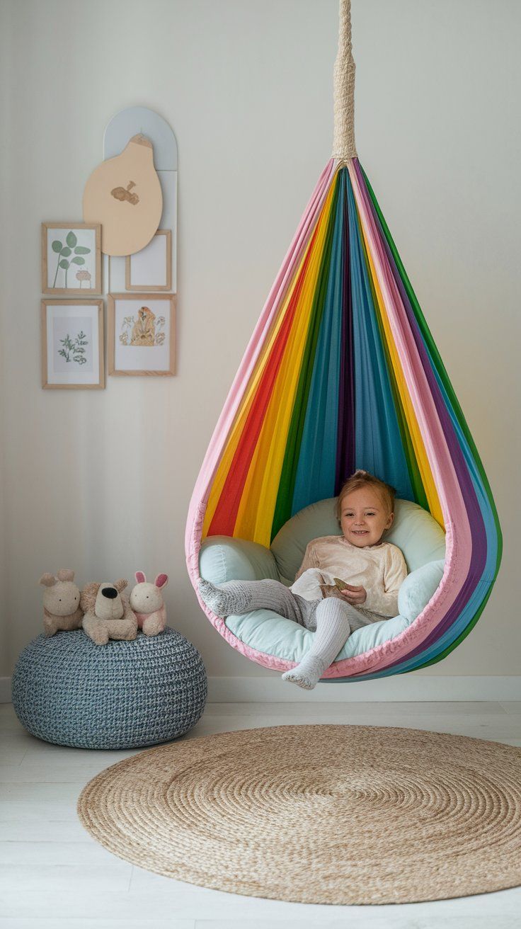 Rainbow sensory swing offering movement and comfort in kids’ bedroom