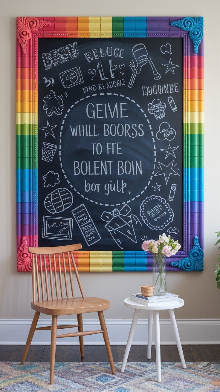 DIY chalkboard wall with rainbow frame for interactive kids’ bedroom feature