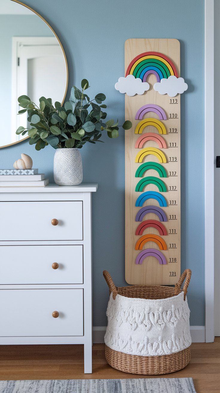 Personalized rainbow growth chart tracking height in cheerful kids’ bedroom