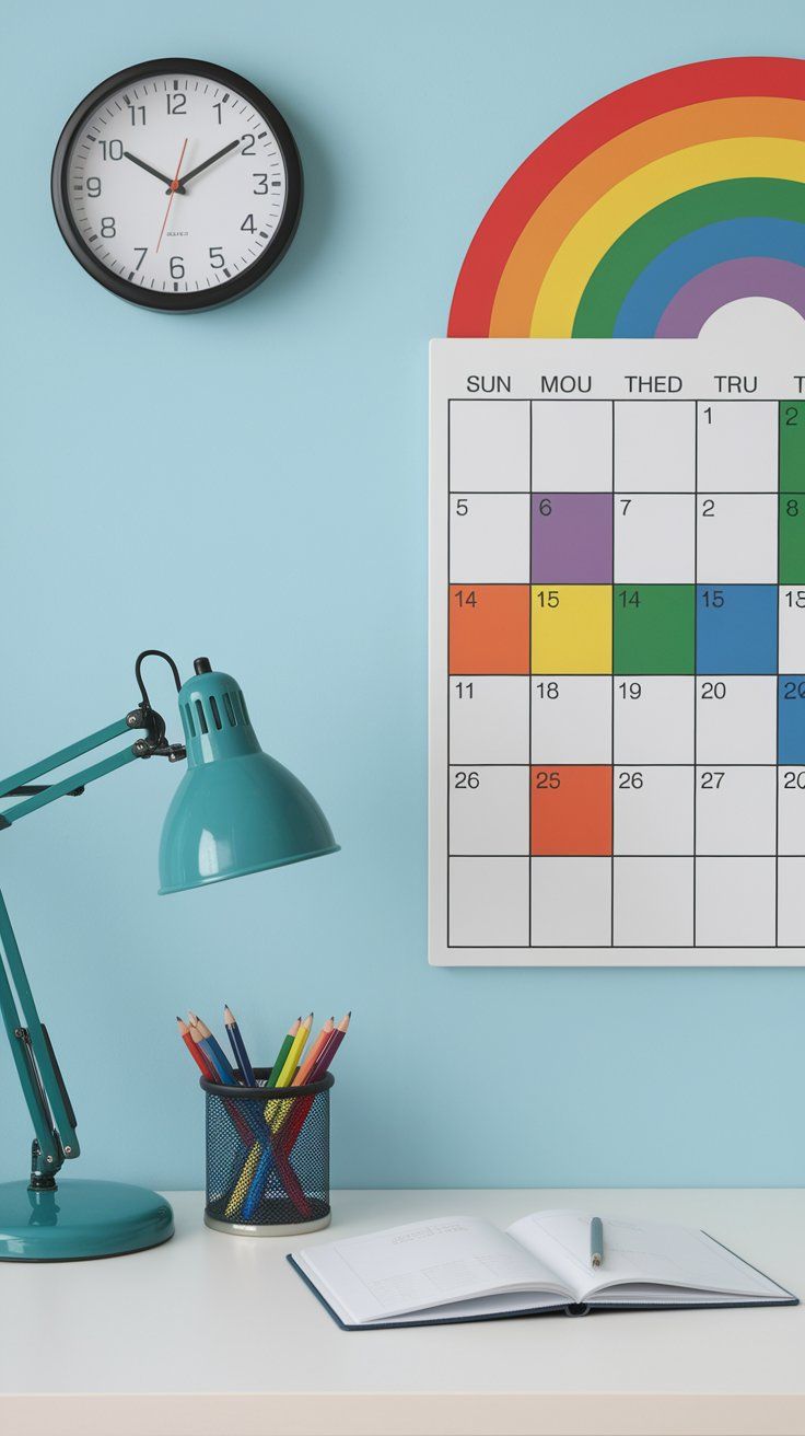 Rainbow wall clock and calendar board helping kids stay organized in colorful bedroom