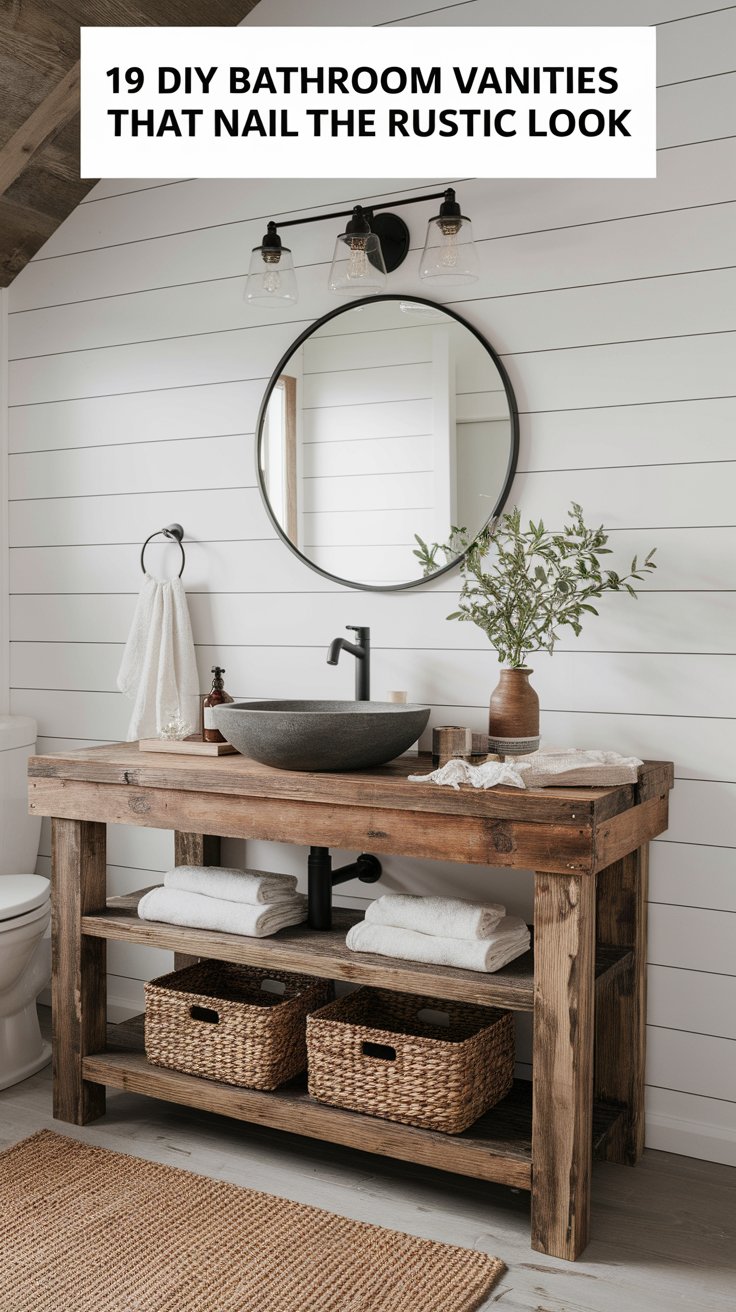 A rustic bathroom vanity made from reclaimed wood features an open shelf with woven storage baskets and neatly folded white towels, topped with a stone vessel sink and matte black faucet. Above the vanity hangs a round mirror and a black three-light fixture, with a potted plant and soap dispenser adding natural, homey touches. At the top, bold text reads "19 DIY Bathroom Vanities That Nail The Rustic Look."
