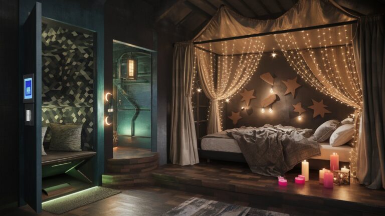 A cozy bedroom with a four-poster bed draped in sheer curtains and string lights, creating a dreamy, starry atmosphere. The wall behind the bed is decorated with star-shaped cutouts, and there are glowing candles of various sizes on the floor, adding a warm, romantic vibe to the space.