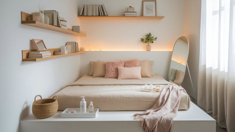 A soft, modern bedroom with a built-in platform bed dressed in neutral bedding and blush pink accent pillows. Floating wooden shelves display books and minimalist decor, while warm LED lighting creates a cozy glow behind the headboard. A large standing mirror, sheer curtains, and a tray of skincare products add to the serene, spa-like atmosphere.