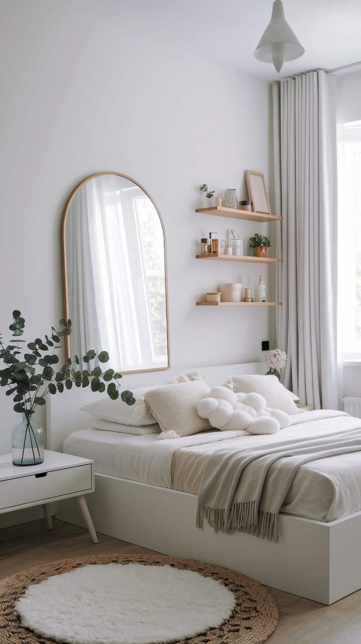 A soft and airy bedroom with a modern white platform bed styled with textured throw pillows and a plush knotted cushion. Floating wooden shelves display minimalist decor and greenery, while a tall arched mirror and layered rugs enhance the room's cozy, Scandinavian-inspired vibe. Light pours in through sheer curtains, brightening the calm, neutral palette.