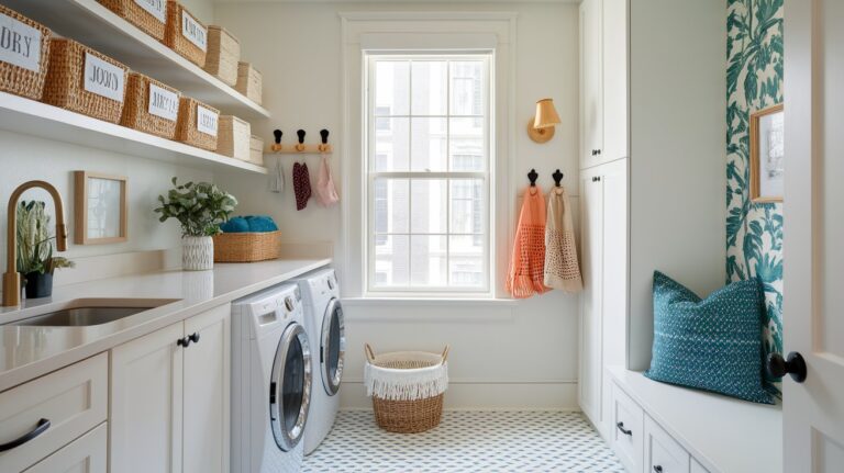 A bright, organized laundry room with white cabinets, a front-loading washer and dryer, and open shelves holding labeled woven baskets. There’s a window in the center, hooks with colorful bags and towels on the wall, and a built-in bench with a blue pillow and patterned wallpaper for a cozy, stylish touch.
