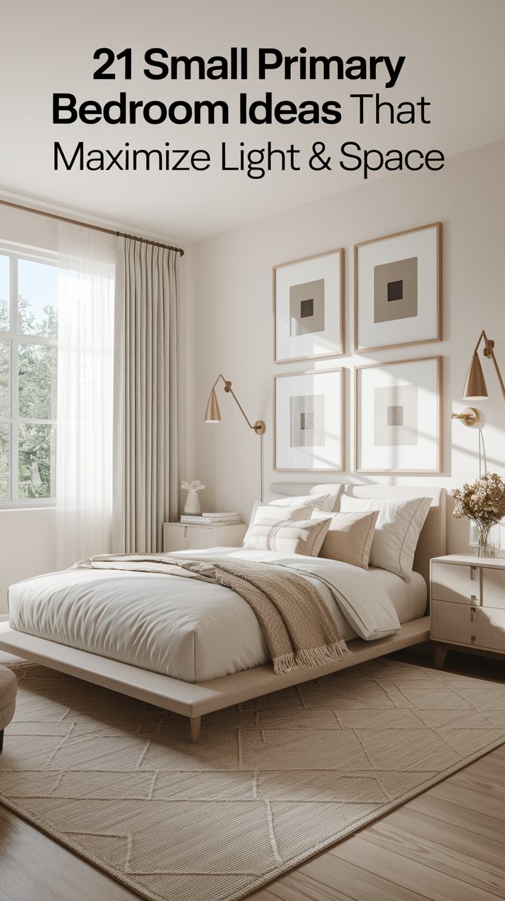 A softly lit small bedroom with a modern low-profile bed, neutral bedding, and warm beige accents. Wall-mounted lamps and minimalist artwork above the headboard enhance vertical space, while natural light from a large window brightens the room. Overlaid text reads “21 Small Primary Bedroom Ideas That Maximize Light & Space.”