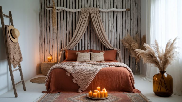 A cozy bohemian bedroom with earthy tones featuring a rust-colored bedspread, beige knit throw, and textured neutral pillows. The space is accented by a wooden panel headboard with draped fabric, pampas grass in vases, a rustic ladder with a hat and blanket, and a warm glow from candles and a rattan lamp.