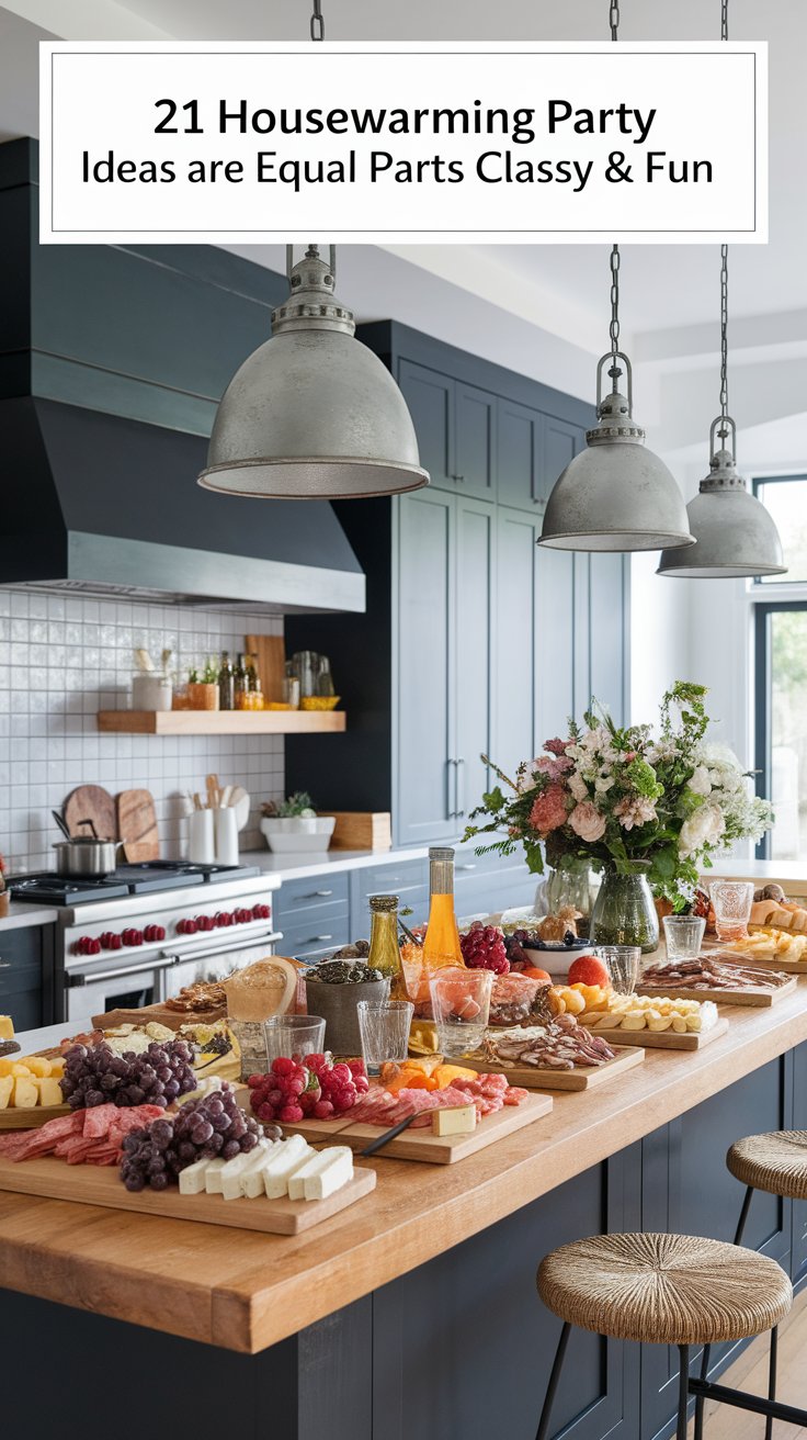 A stylish kitchen island set for a housewarming party, topped with a colorful spread of charcuterie boards, cheeses, fruits, and sparkling drinks. Overhead industrial pendant lights and a large floral arrangement add a classy touch to the cozy, modern setting.