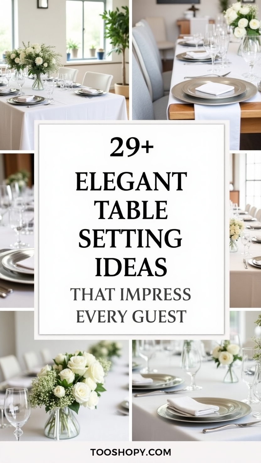 Collage of elegant table setting ideas featuring white tablecloths, silver chargers, neatly folded white napkins, and clear glassware, complemented by simple floral arrangements of white roses and greenery in glass vases. The center overlay text reads “29+ Elegant Table Setting Ideas That Impress Every Guest,”.