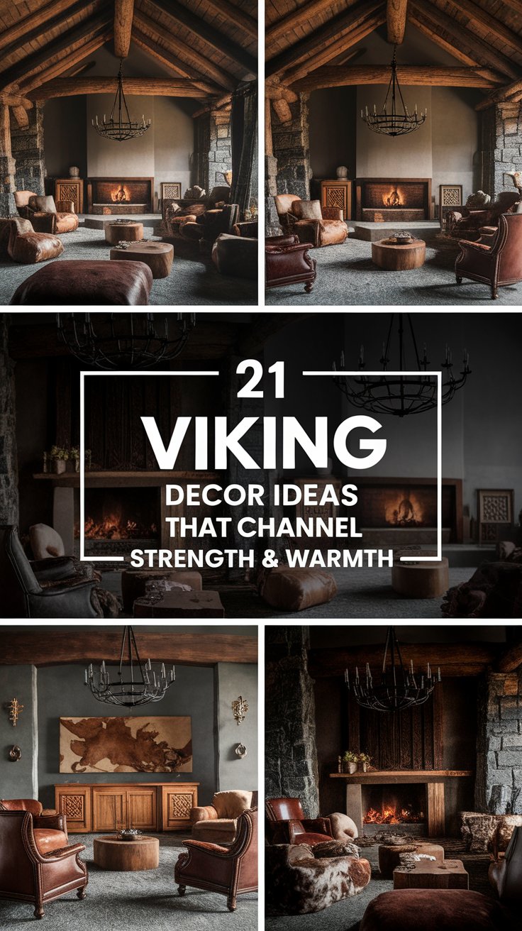 Collage of Viking-inspired living room designs featuring stone fireplaces, exposed timber beams, leather and fur-covered seating, and iron chandeliers. The central text reads “21 Viking Decor Ideas That Channel Strength & Warmth.” Interiors showcase a rich mix of rustic wood, dark stone, and earthy tones, blending rugged Nordic charm with cozy sophistication.