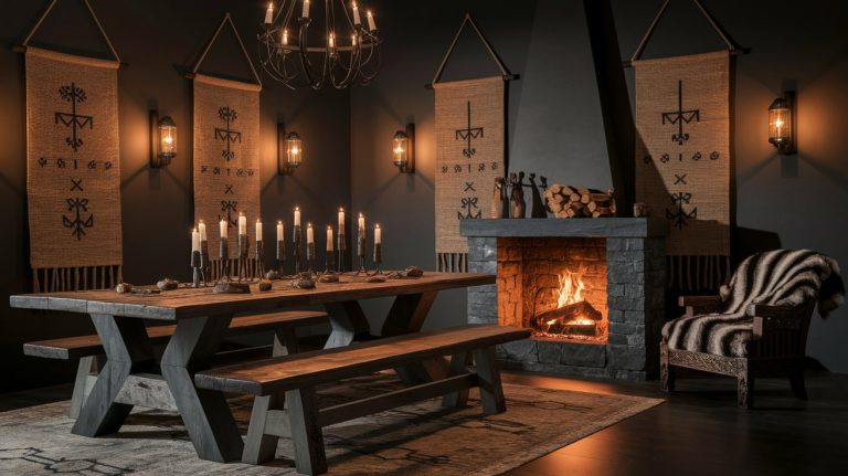 Moody Viking-inspired dining room with dark walls, a roaring stone fireplace, and a rustic wooden table with matching benches. Woven wall hangings with Nordic symbols line the walls, while black candle holders with lit taper candles add a dramatic, medieval ambiance. A carved wooden armchair draped with a fur throw completes the warm, old-world setting.