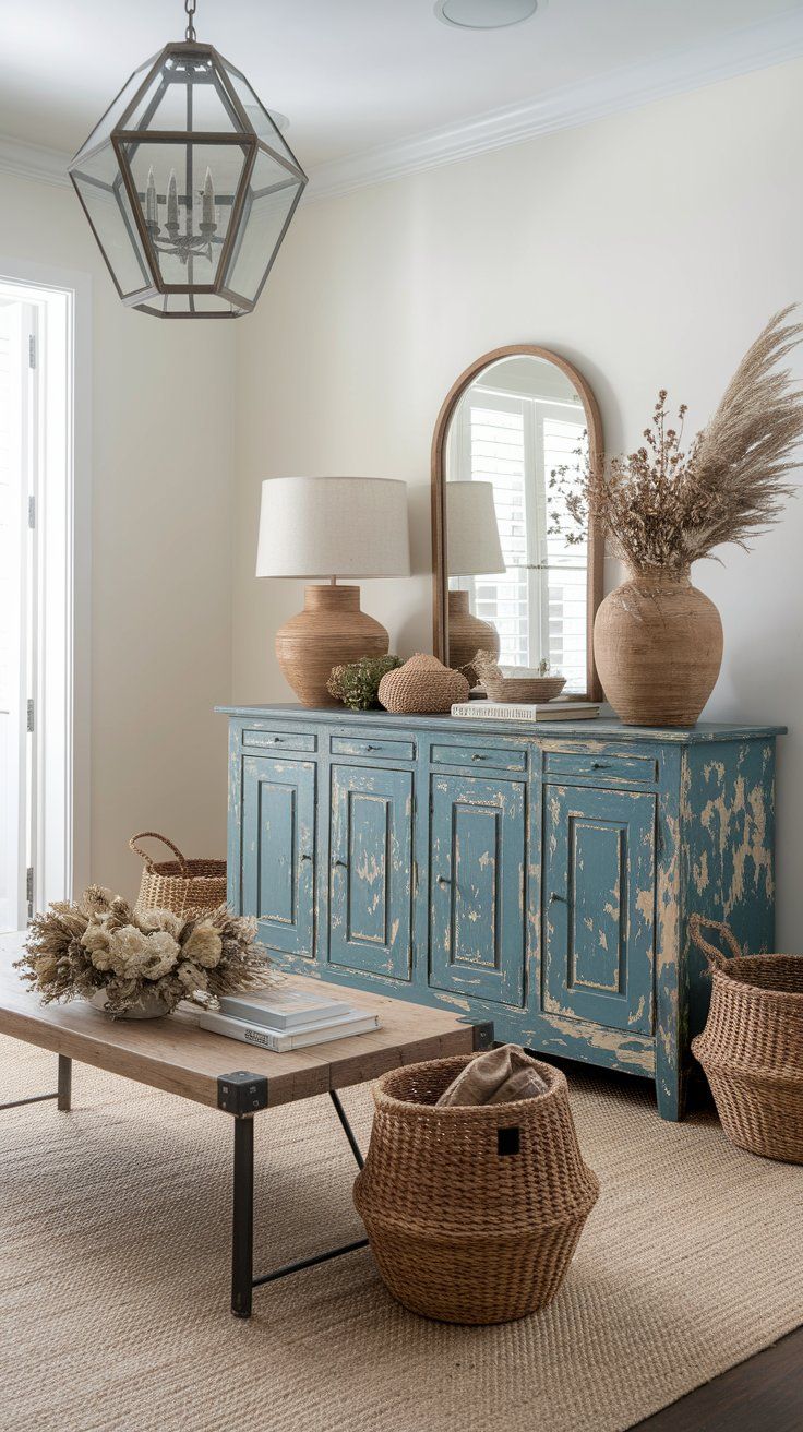 Distressed wood furniture adding character and warmth to vintage rustic home decor