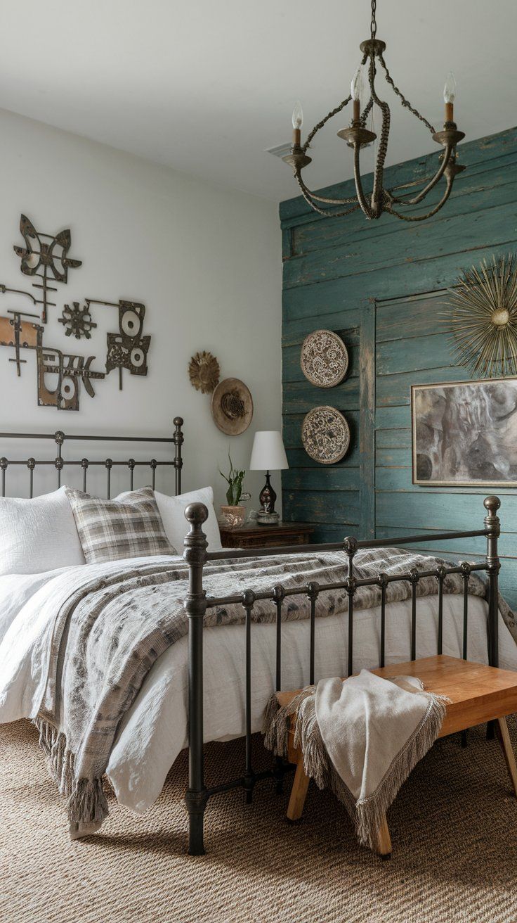 Wrought iron and antique metal accents creating old-world charm in rustic interiors