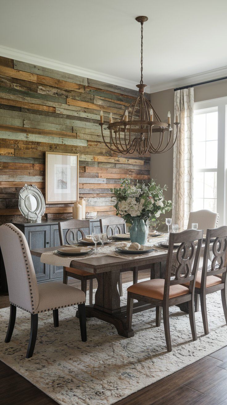 Reclaimed wood wall adding texture and warmth to vintage rustic dining space