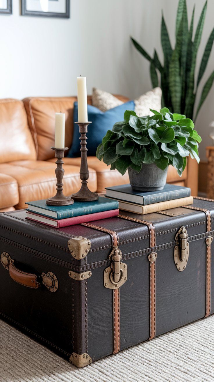 Rustic coffee table repurposed from vintage trunk for cozy and storied decor