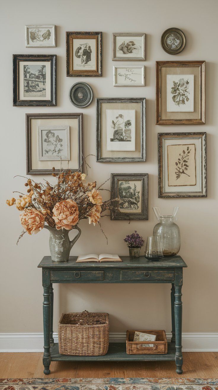 Gallery wall with antique frames adding curated vintage charm to rustic interior